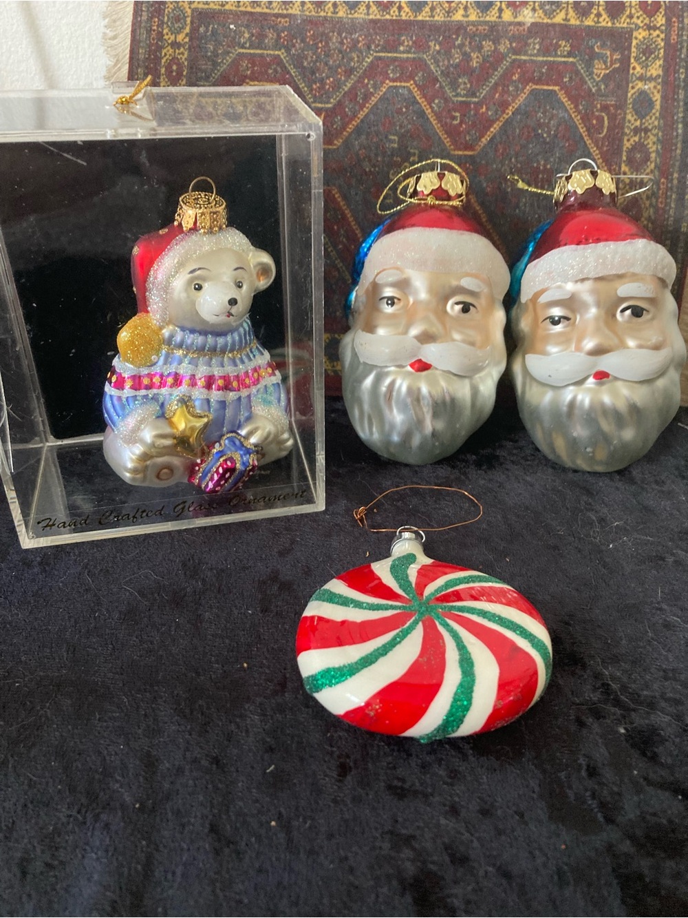 Festive Santas Christmas Bear Peppermint Swirl Glass Christmas Ornament